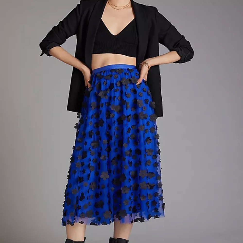 Maeve Blue Midi Skirt with Black Floral Design